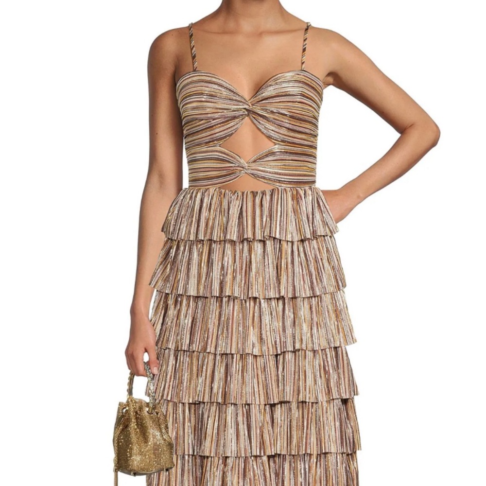 Grace Metallic Plisse Sweetheart Neck Cut-Out Tiered Dress (Clay Stripe): SIZE 8